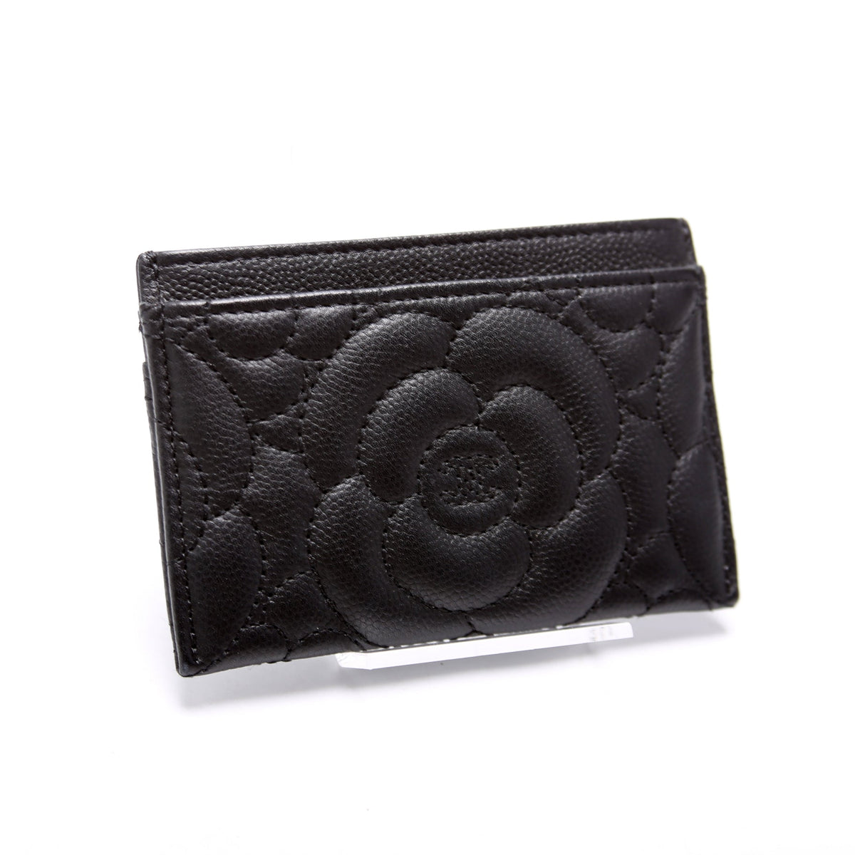 Camellia Flower Embossed Caviar Card Holder 24M Black