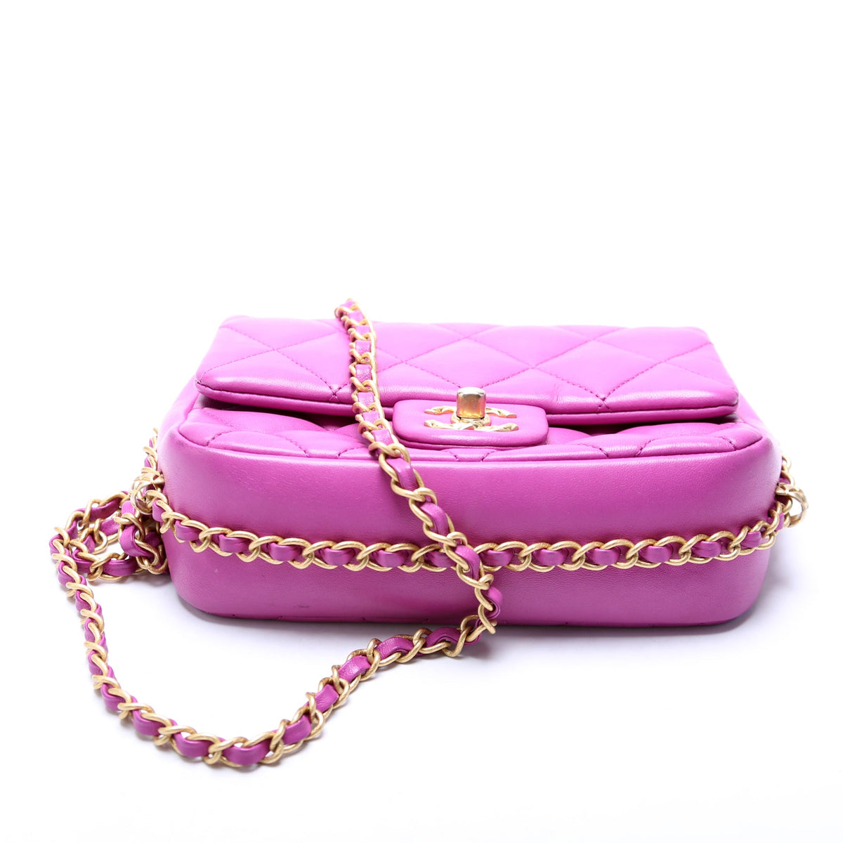 Chain Around Mini Square Flap Bag Lambskin RFID Purple