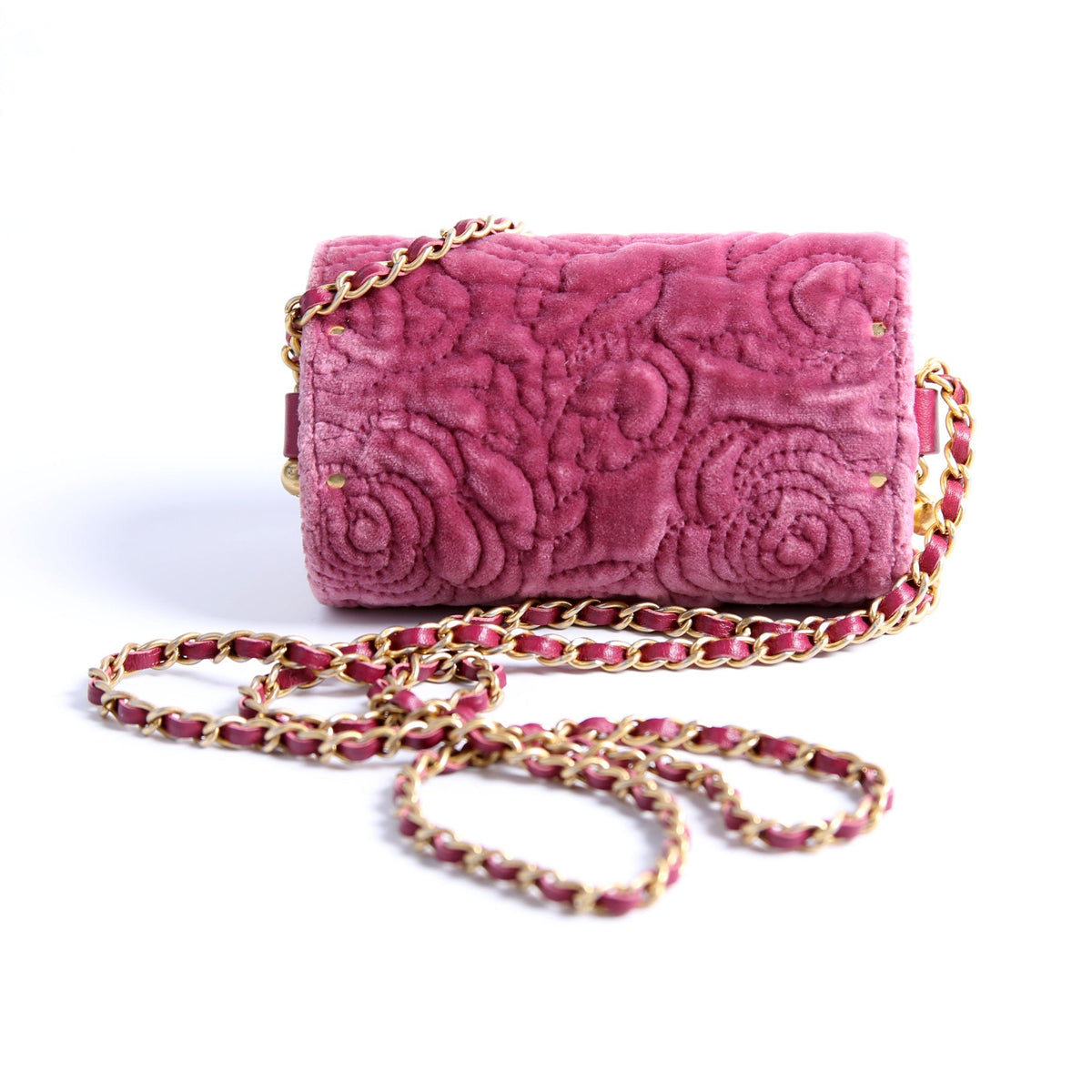 Camellia Embossed Velvet Jewel Belt Card Holder With Chain Mauve