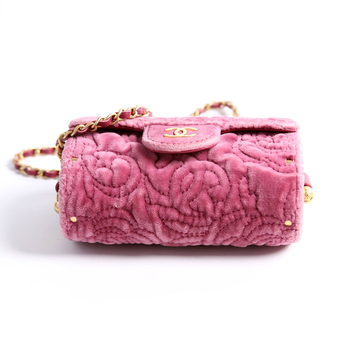 Camellia Embossed Velvet Jewel Belt Card Holder With Chain Mauve