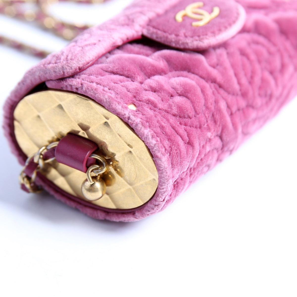 Camellia Embossed Velvet Jewel Belt Card Holder With Chain Mauve
