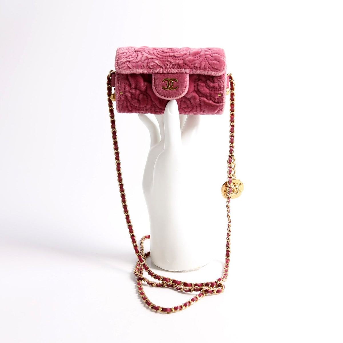 Camellia Embossed Velvet Jewel Belt Card Holder With Chain Mauve
