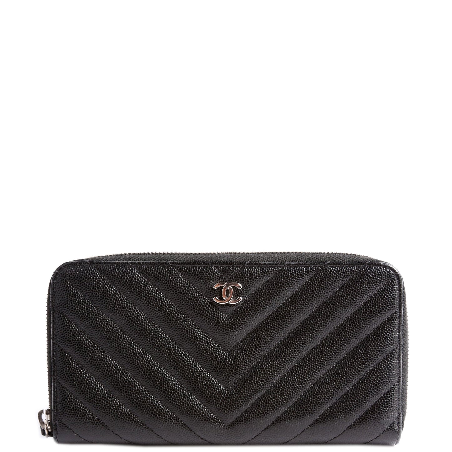 Chevron Caviar Large Gusset Zip Around Wallet 24M Black