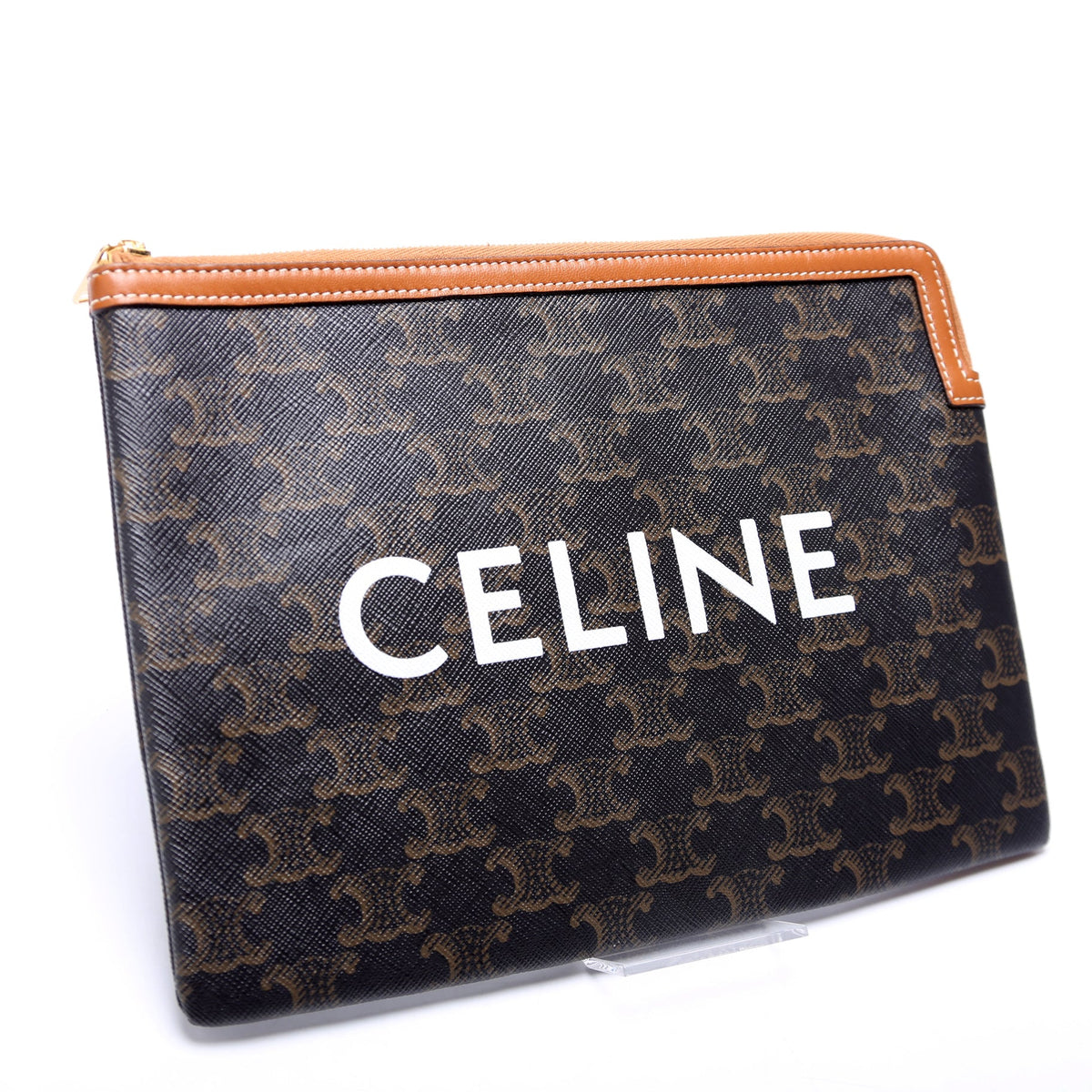 Triomphe Canvas Logo Medium Zip Pouch Brown