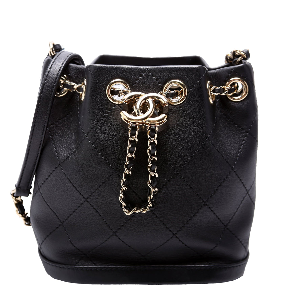 CC Mini Chain Bucket Bag Stitched Calfskin 28M Black