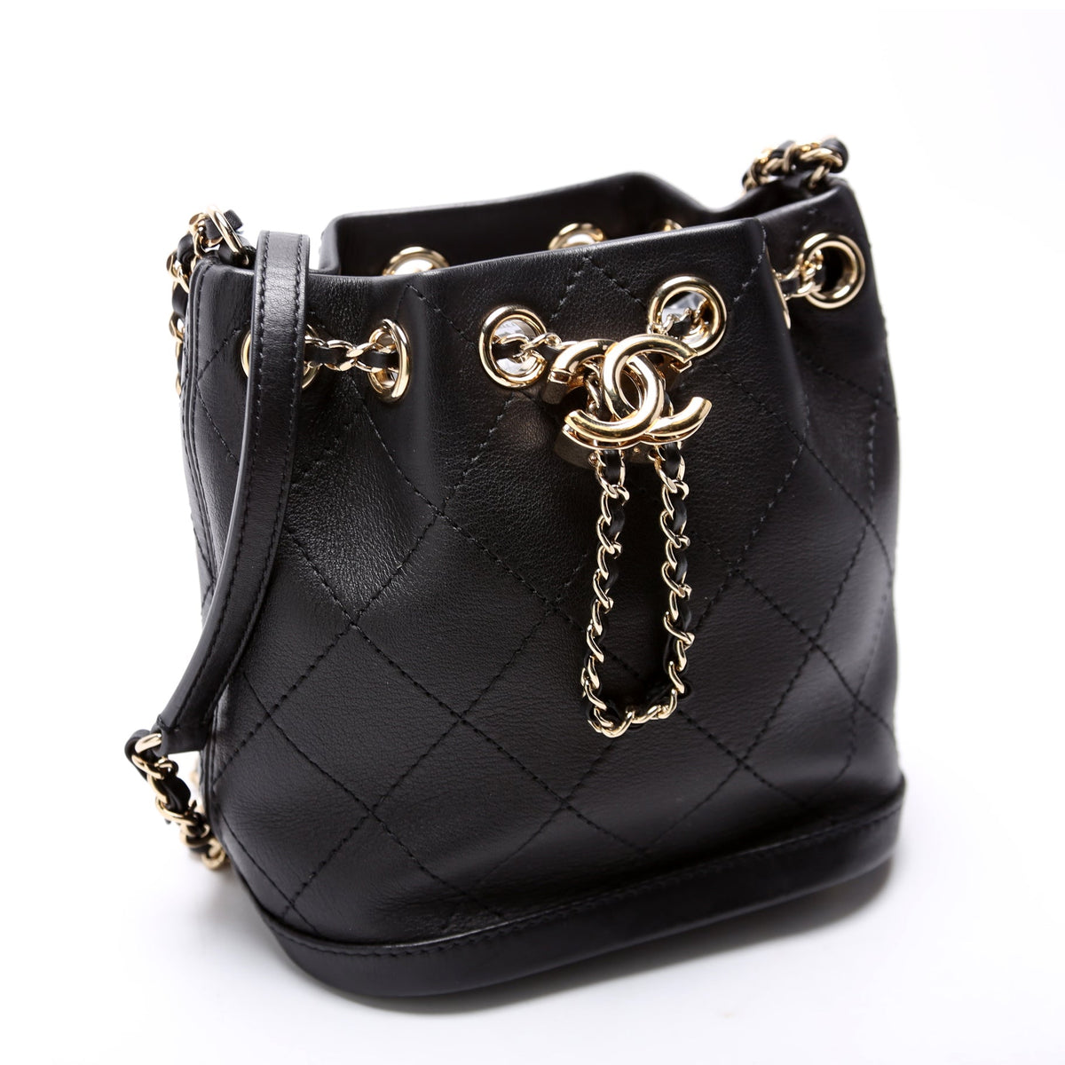 CC Mini Chain Bucket Bag Stitched Calfskin 28M Black