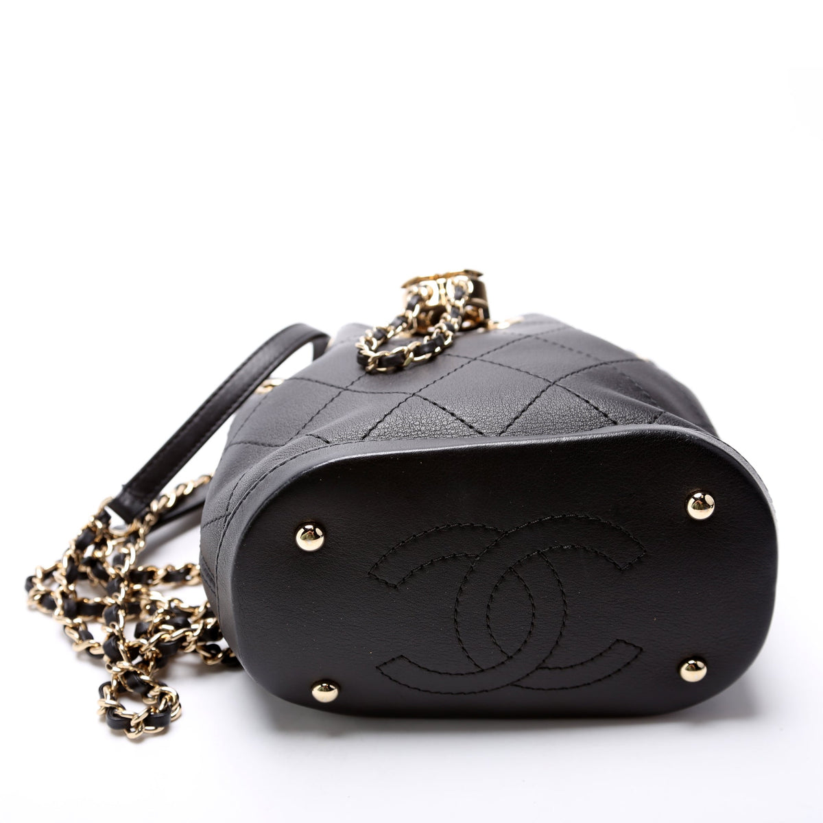 CC Mini Chain Bucket Bag Stitched Calfskin 28M Black