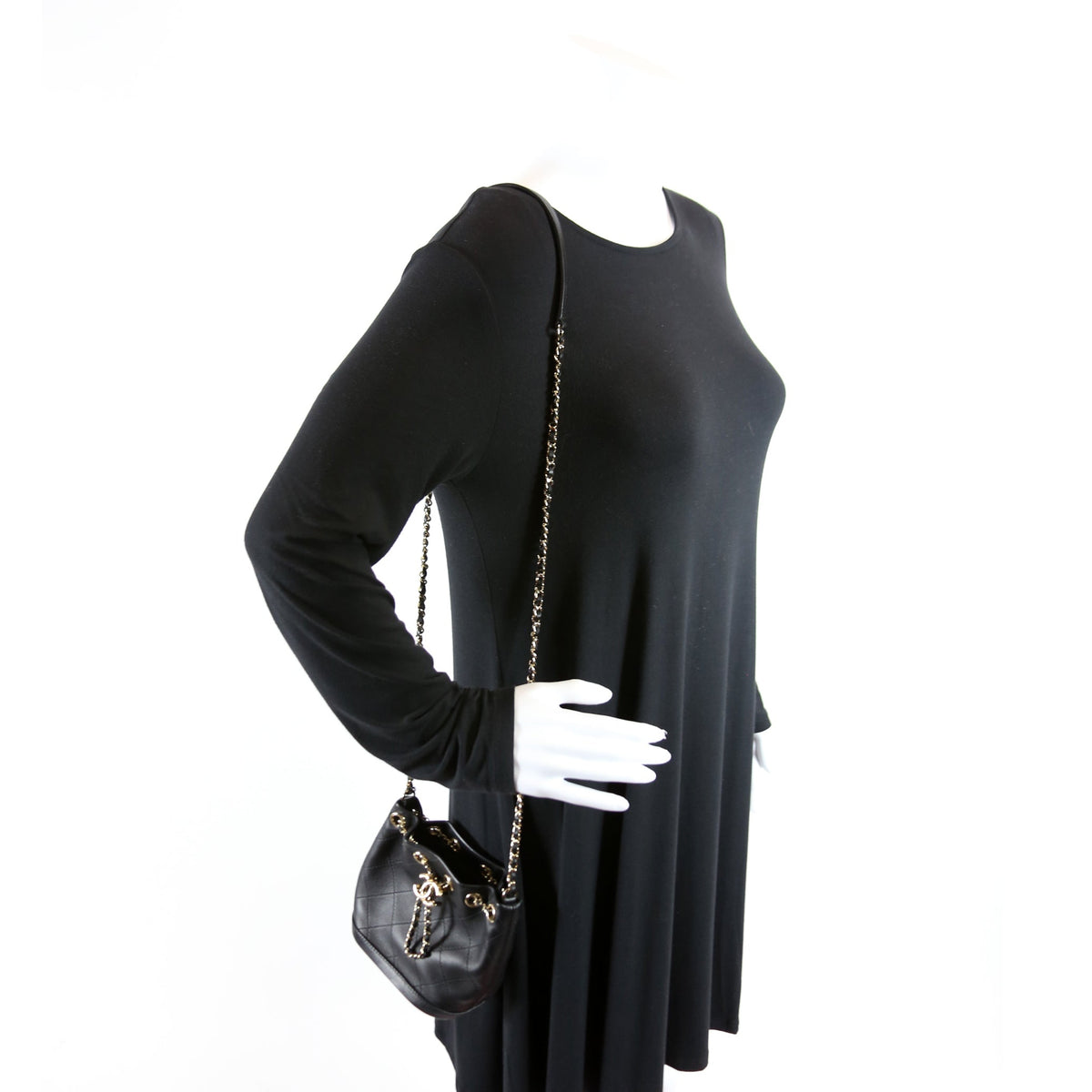 CC Mini Chain Bucket Bag Stitched Calfskin 28M Black