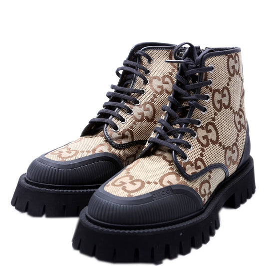 Gucci Maxi GG Canvas Lace Up Combat Boots Size  () Brown