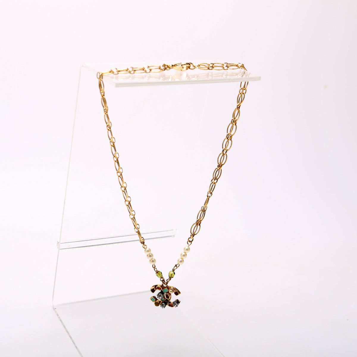 Beaded CC Double Chain Necklace Gold/Multicolor