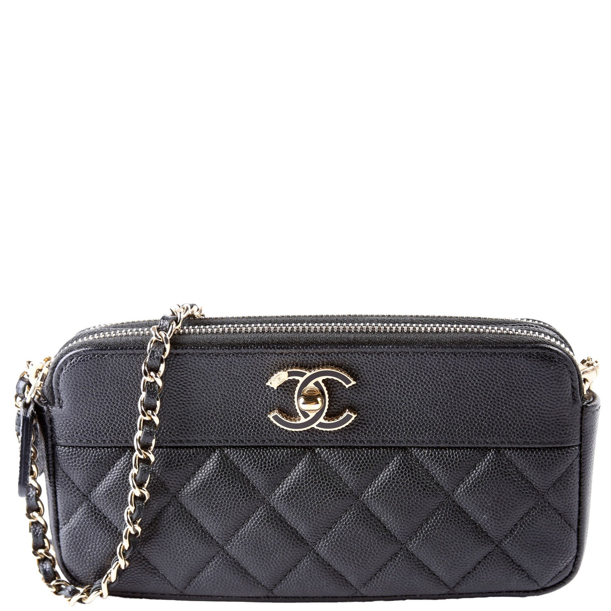 CC Double Zip Clutch With Chain Caviar Black