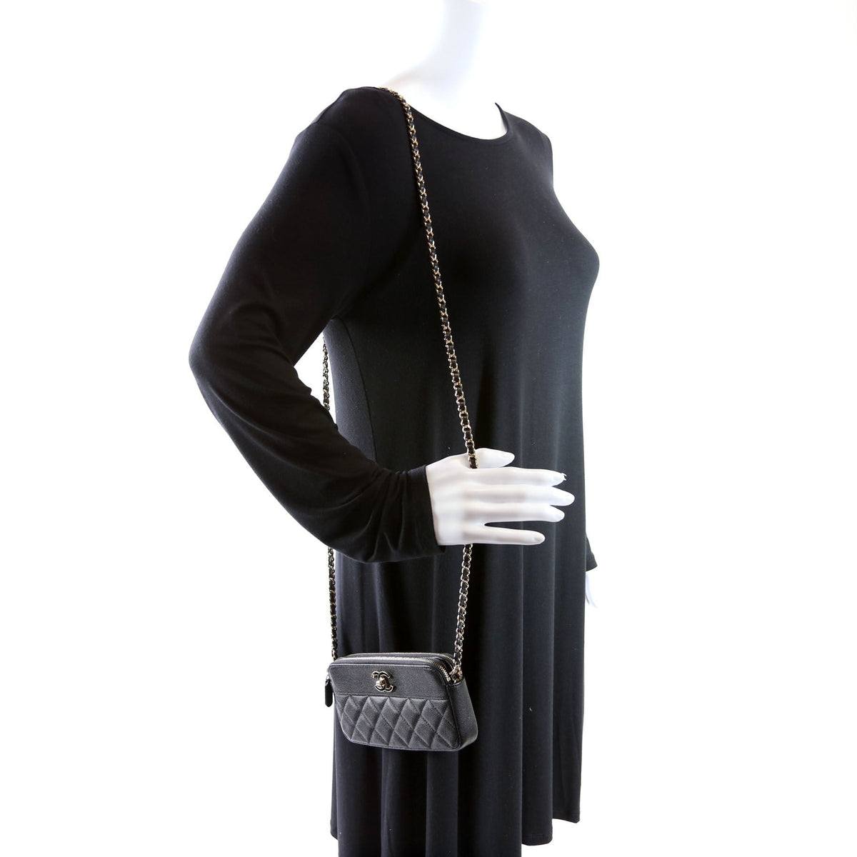 CC Double Zip Clutch With Chain Caviar Black