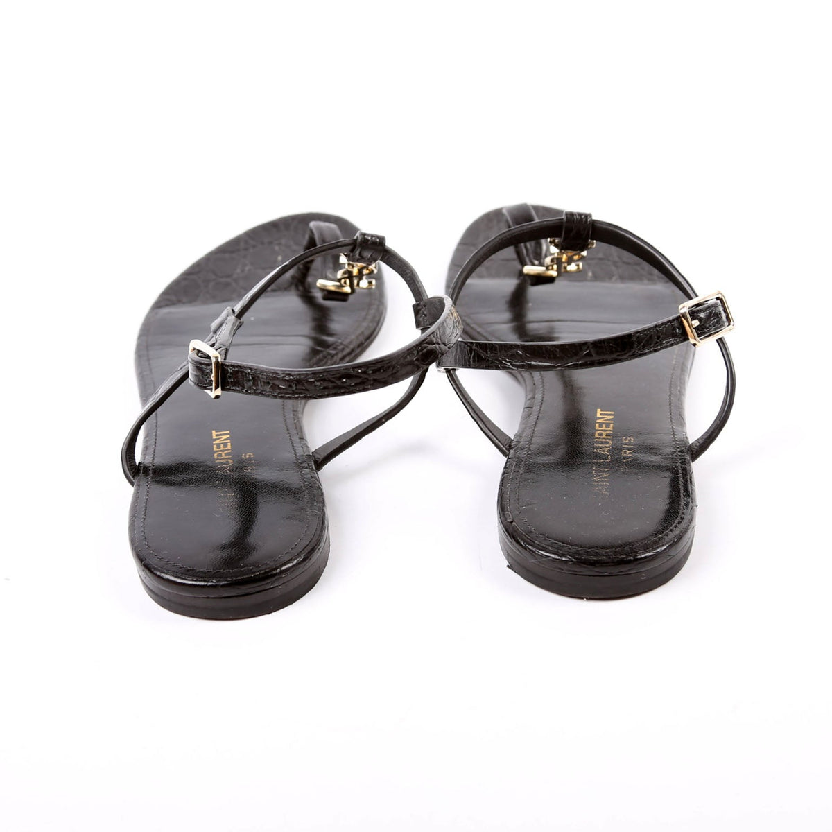 Cassandra T-Strap Sandals Crocodile Embossed Size 36.5 Black