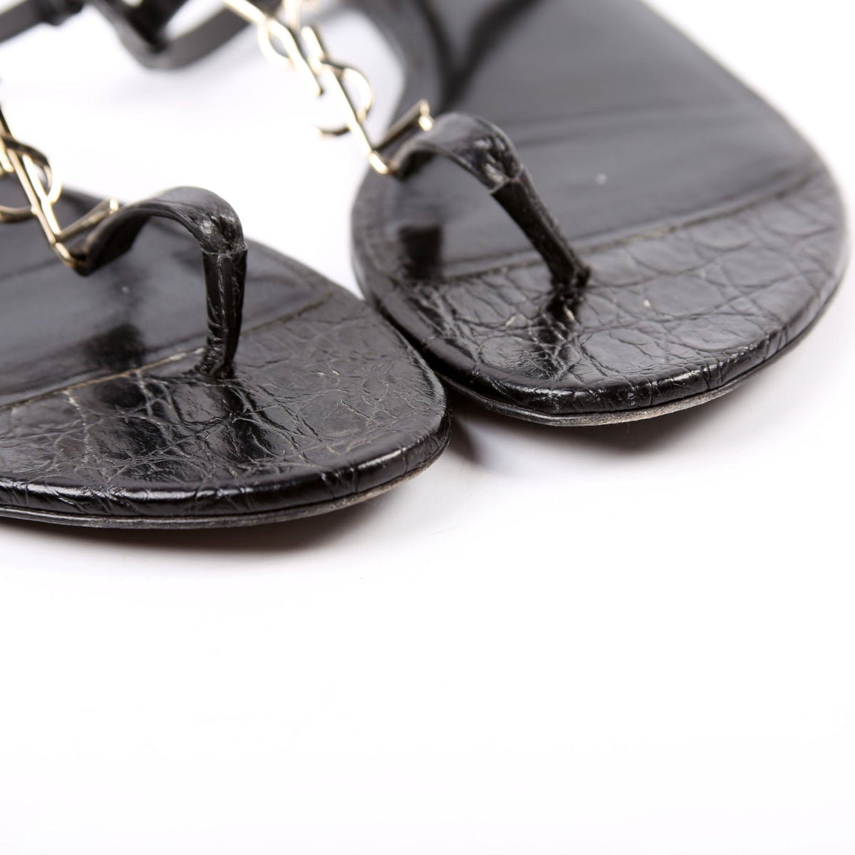 Cassandra T-Strap Sandals Crocodile Embossed Size 36.5 Black