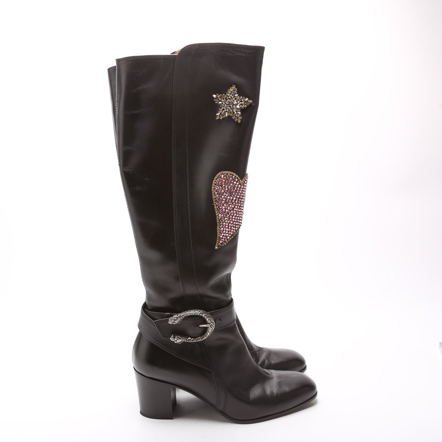 Gucci Dionysus Calfskin Embellished Elizabeth Knee High Boots Size  Black