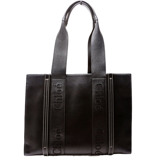 Woody Medium Leather Tote Black