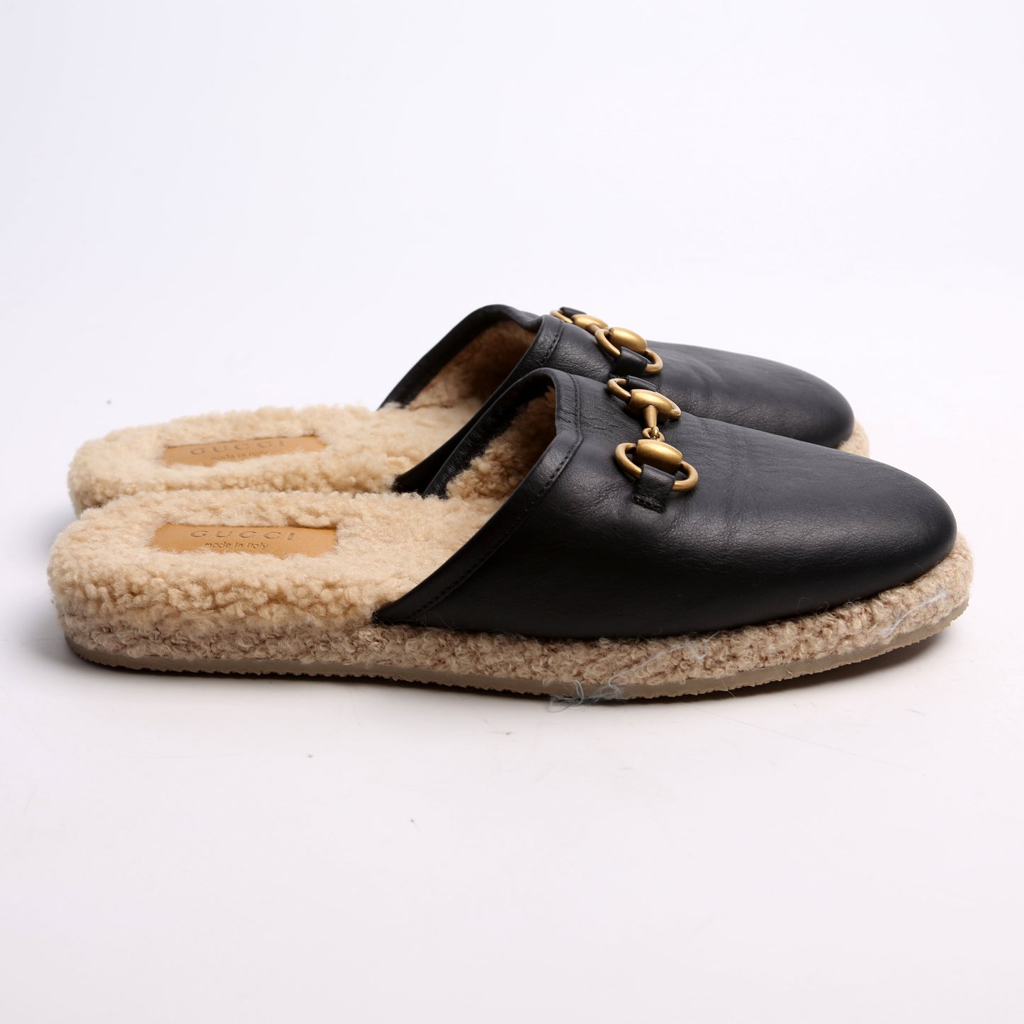 Gucci Fria Horsebit Shearling Mules Size . Black