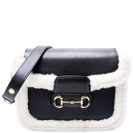 Gucci  Horsebit  Shearling Leather Shoulder Bag Black