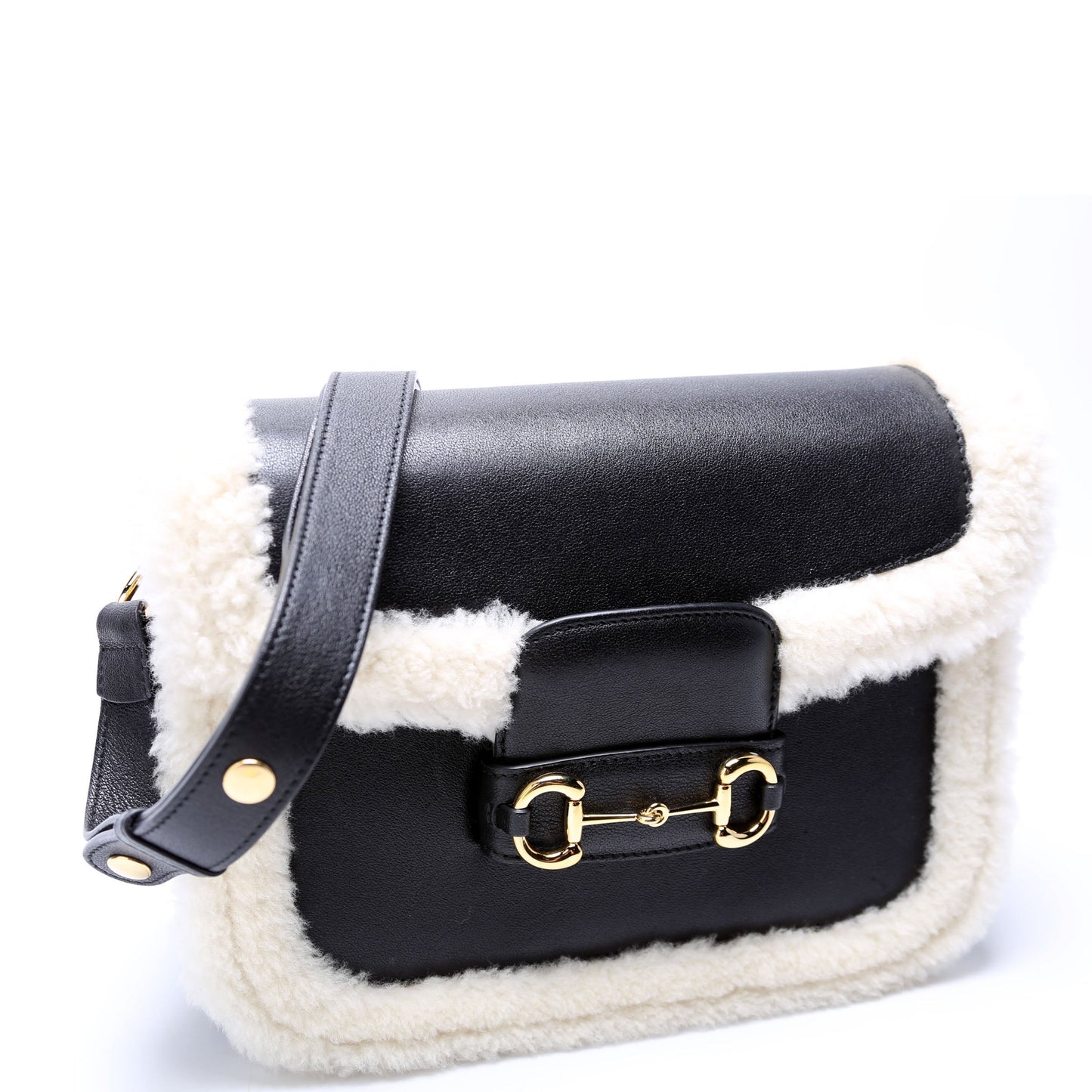 Gucci  Horsebit  Shearling Leather Shoulder Bag Black