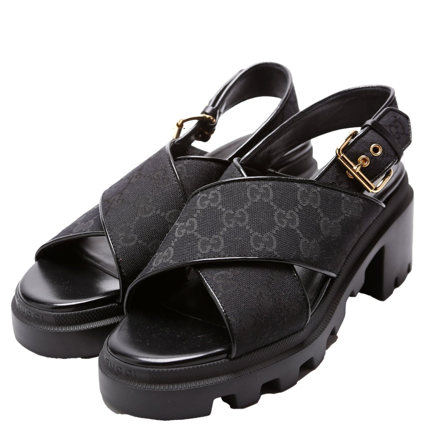 Gucci GG Canvas Lug Sole Crossover Sandals Size . Black