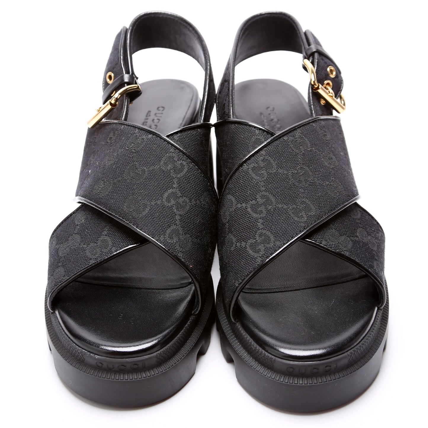 Gucci GG Canvas Lug Sole Crossover Sandals Size . Black