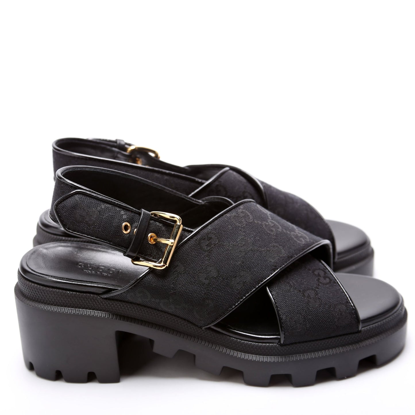 Gucci GG Canvas Lug Sole Crossover Sandals Size . Black