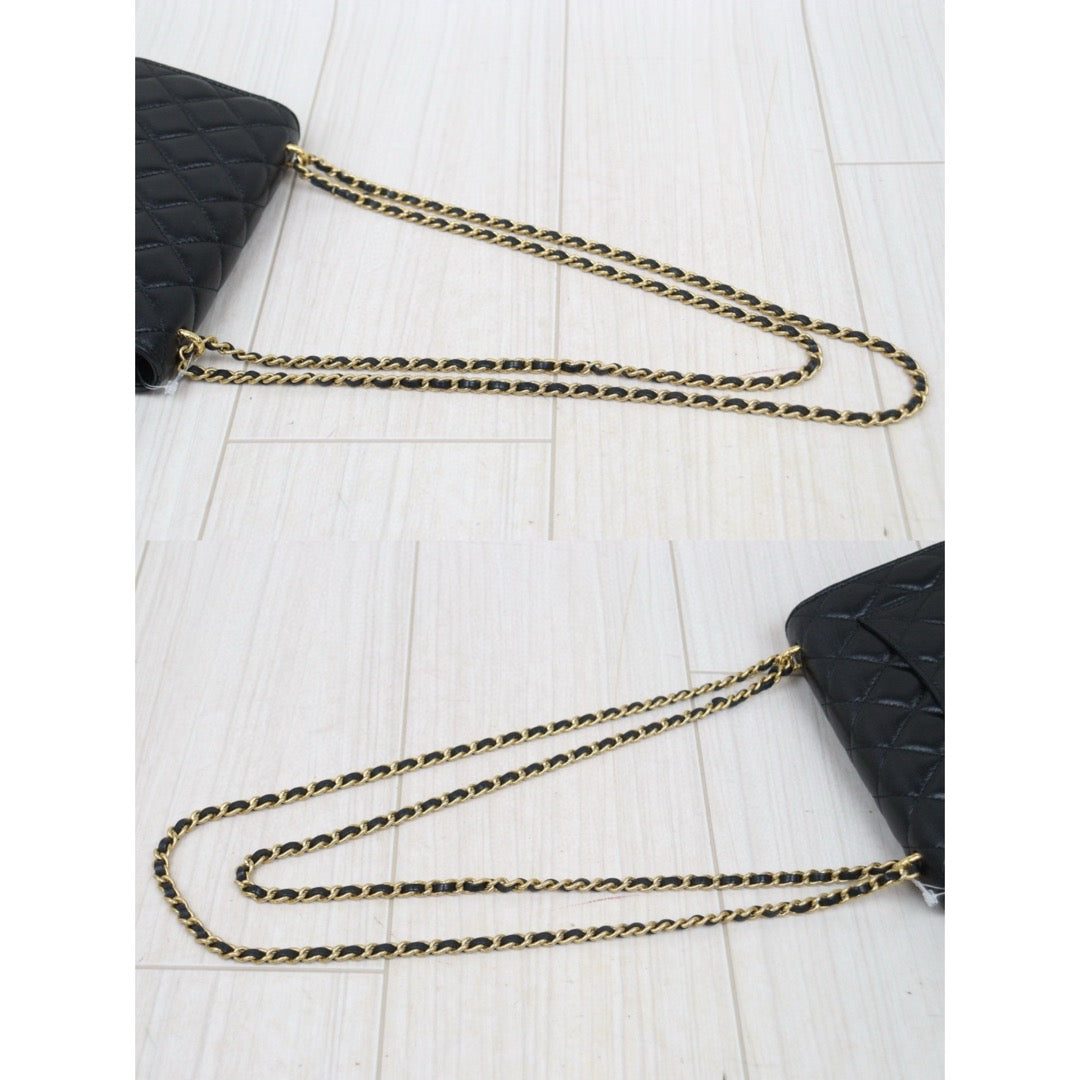Good ( Rank AB)｜ CHANEL Matelasse Lamb Skin Chain Wallet Black Gold Hardware IC Chips Model ｜P25031402