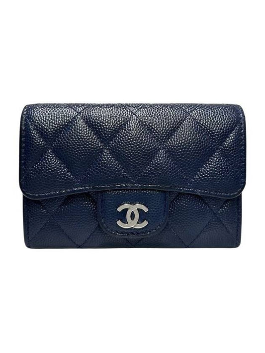 A80799 Navy caviar skin silver snap card holder business wallet Chanel