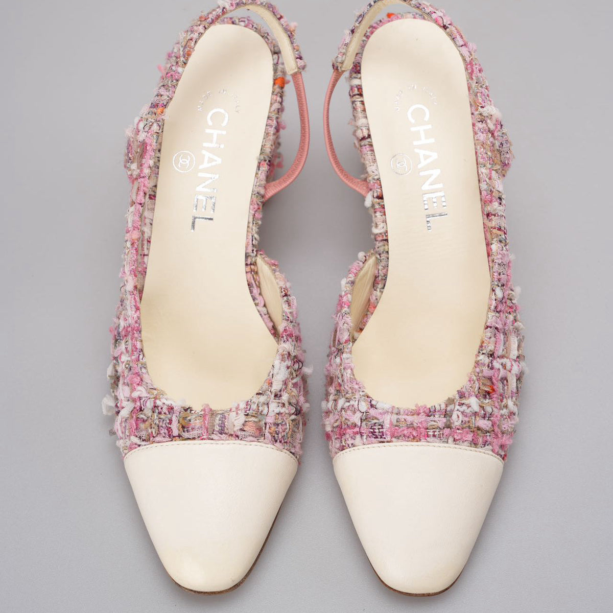 Chanel Pink and White Tweed Slingback Sandals 37.5