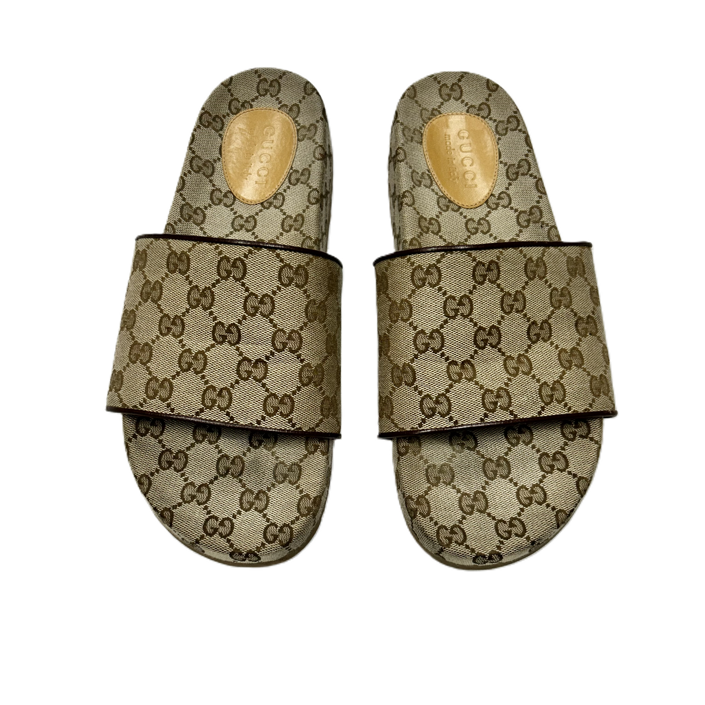 Brown & Tan Sandals Luxury Designer By Gucci, Size: 13.5