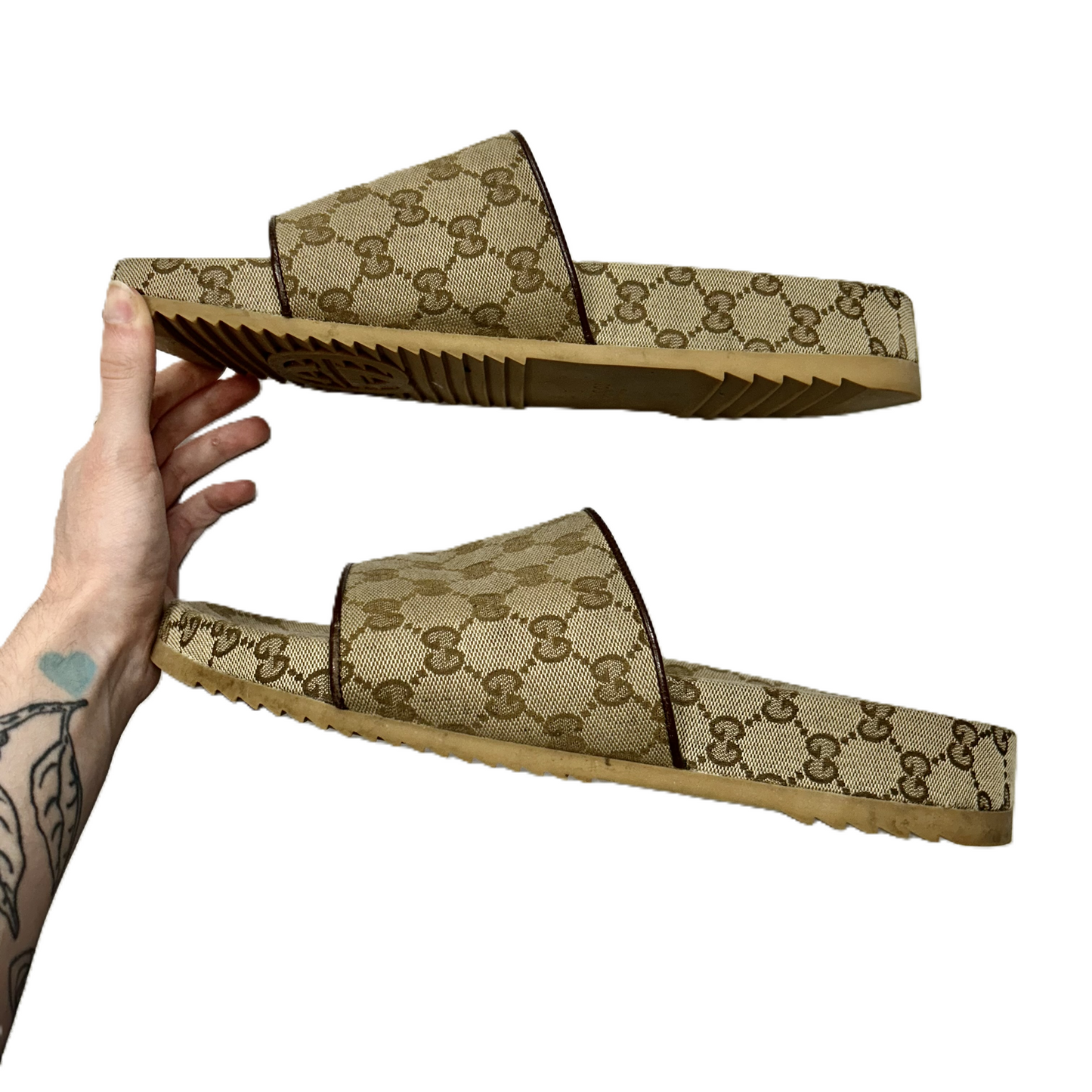 Brown & Tan Sandals Luxury Designer By Gucci, Size: 13.5