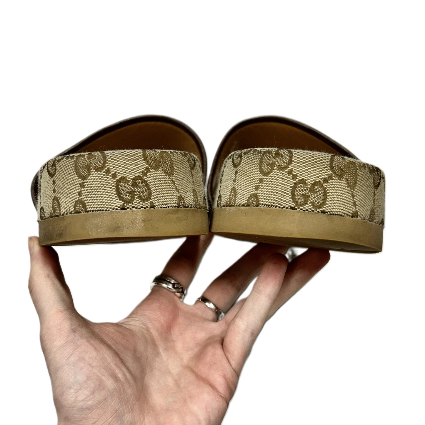 Brown & Tan Sandals Luxury Designer By Gucci, Size: 13.5