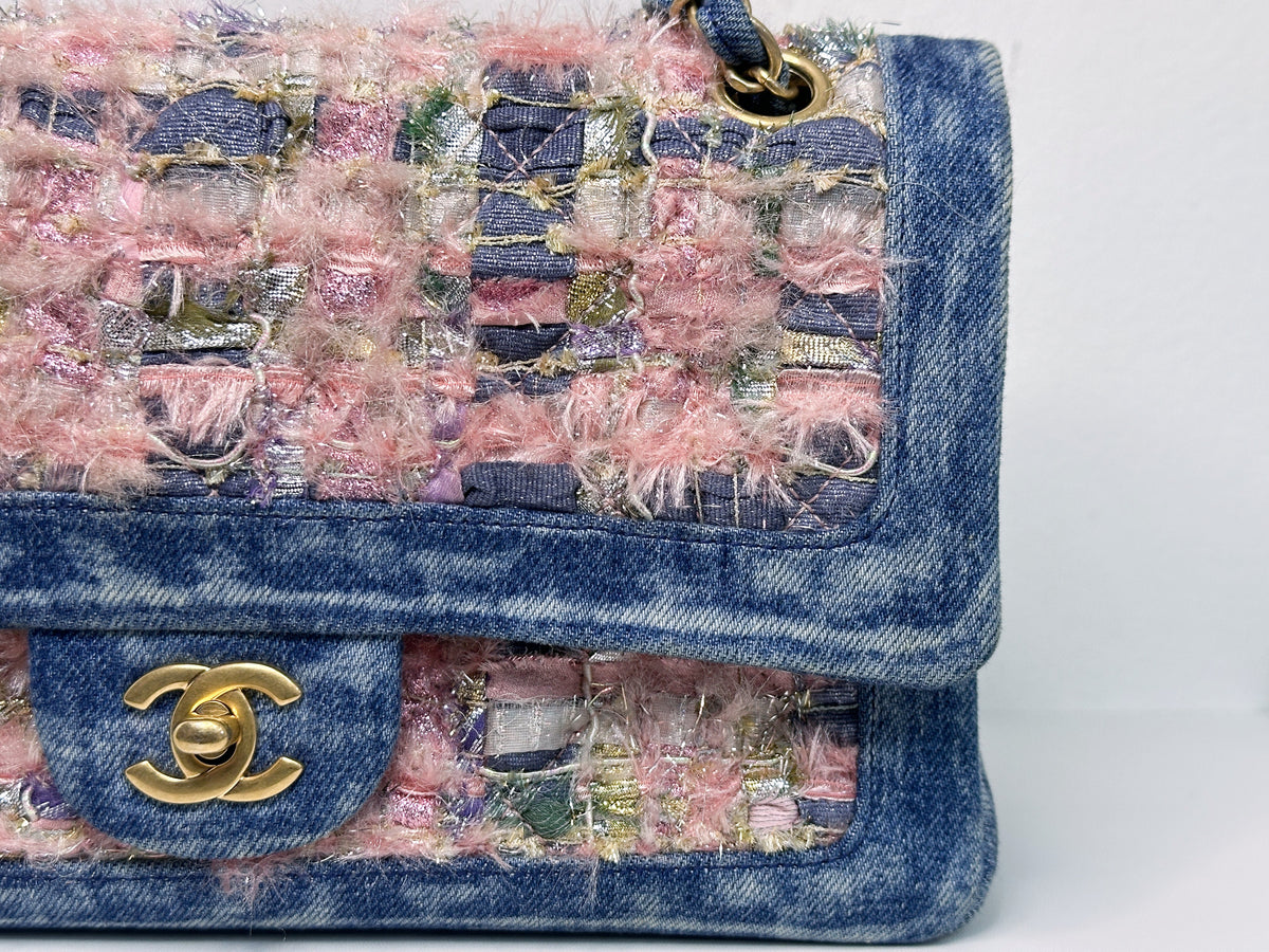 Chanel Pink, Silver, and Gold Tweed and Denim Medium Classic Double Flap Gold Hardware, 2016