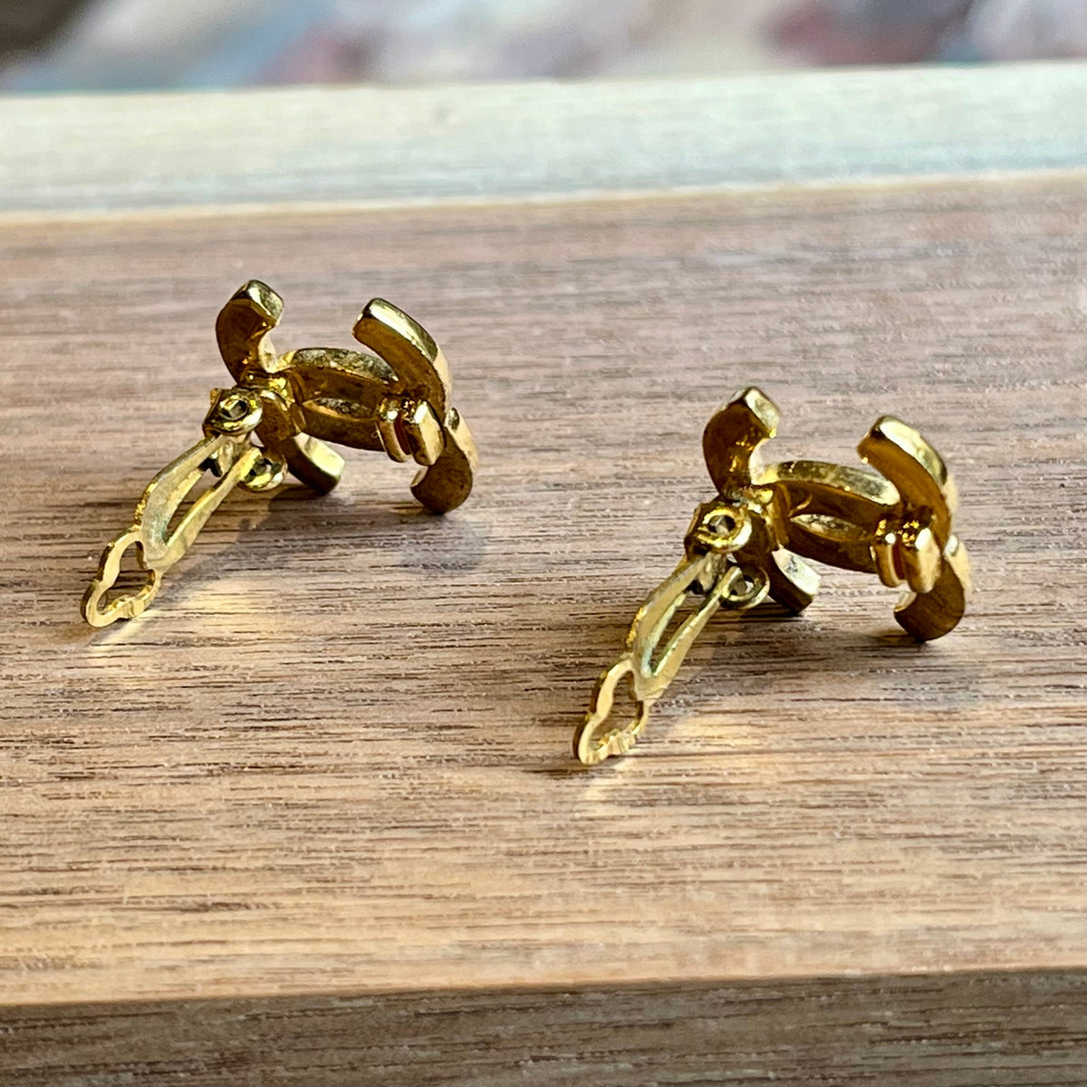 CHANEL Gold-Tone CC Chanel Engraved Vintage Clip On Earrings