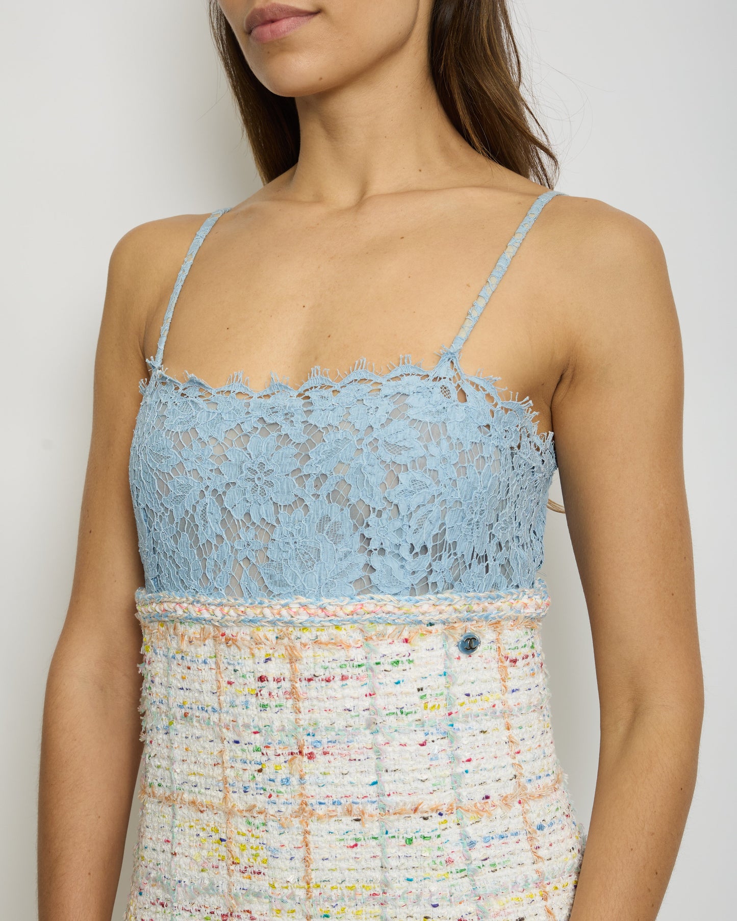 Chanel 19S Multi-Colour Tweed Sleeveless Mini Dress with Celeste Lace and Logo Detail FR 38 (UK 10) RRP £3,200