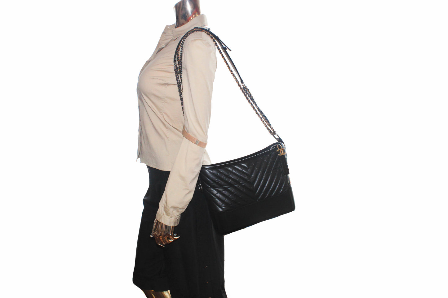 Chanel Medium Gabrielle Black Chevron Aged Calfskin Leather Hobo Bag