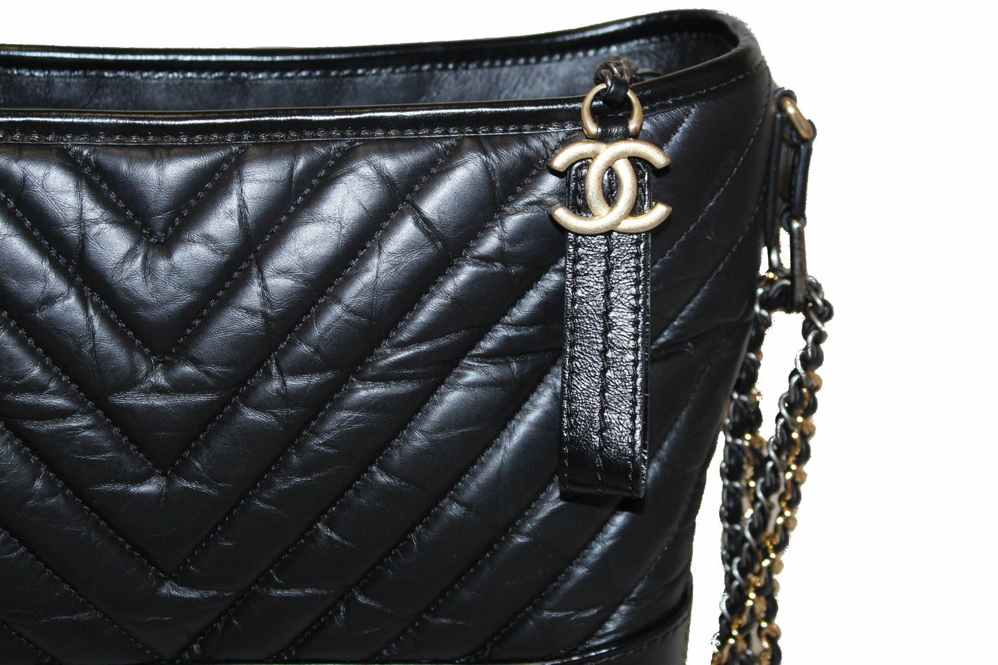 Chanel Medium Gabrielle Black Chevron Aged Calfskin Leather Hobo Bag
