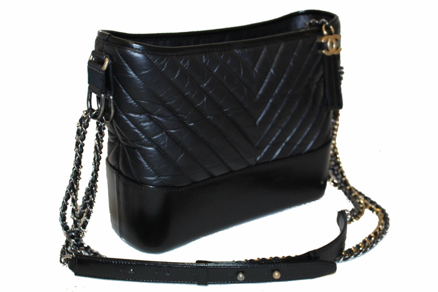 Chanel Medium Gabrielle Black Chevron Aged Calfskin Leather Hobo Bag