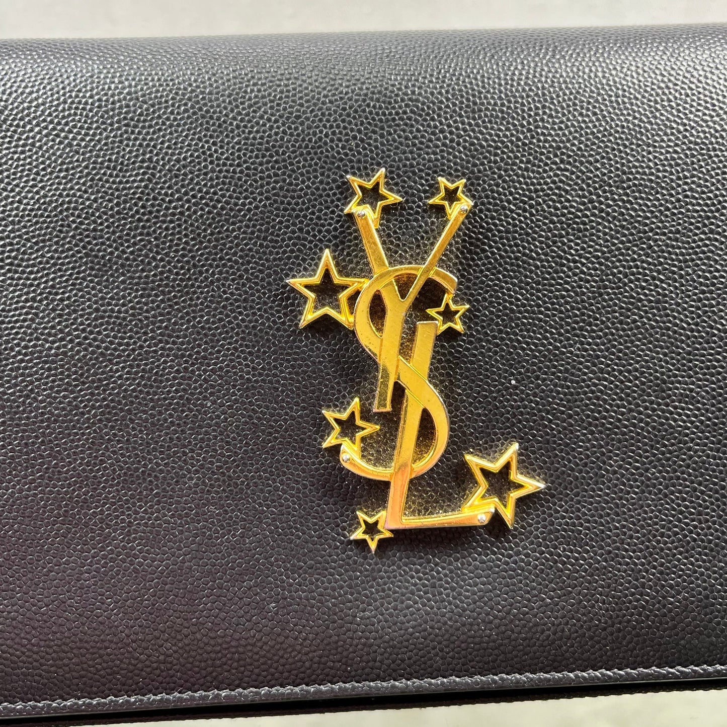 SAINT LAURENT Wallet on Chain Black Grain De Poudre Star Studded Monogram Crossbody