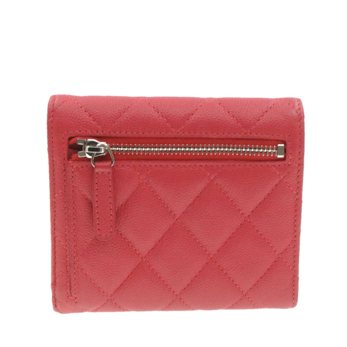 CHANEL Caviar Skin Matelasse Wallet Pink Red CC Auth 18734A