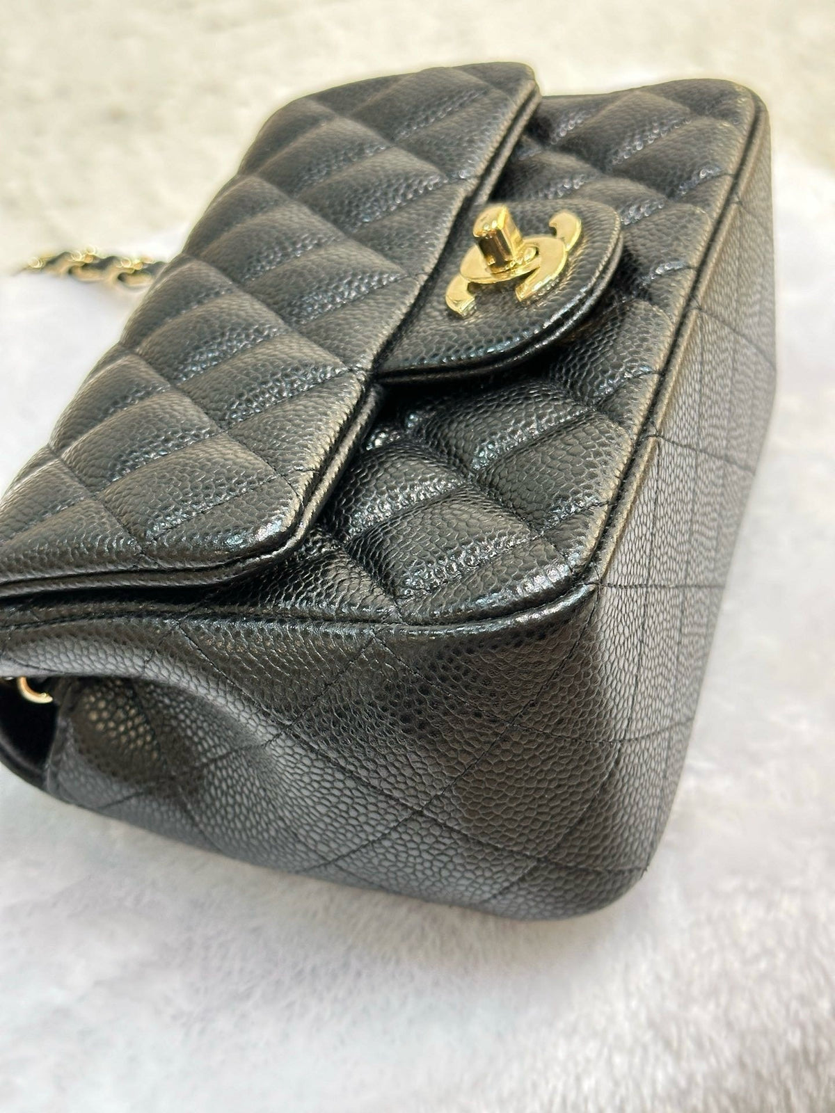 Chanel Mini Square Caviar Flap Bag Black GHW 25 holo card (Chain short than usual)