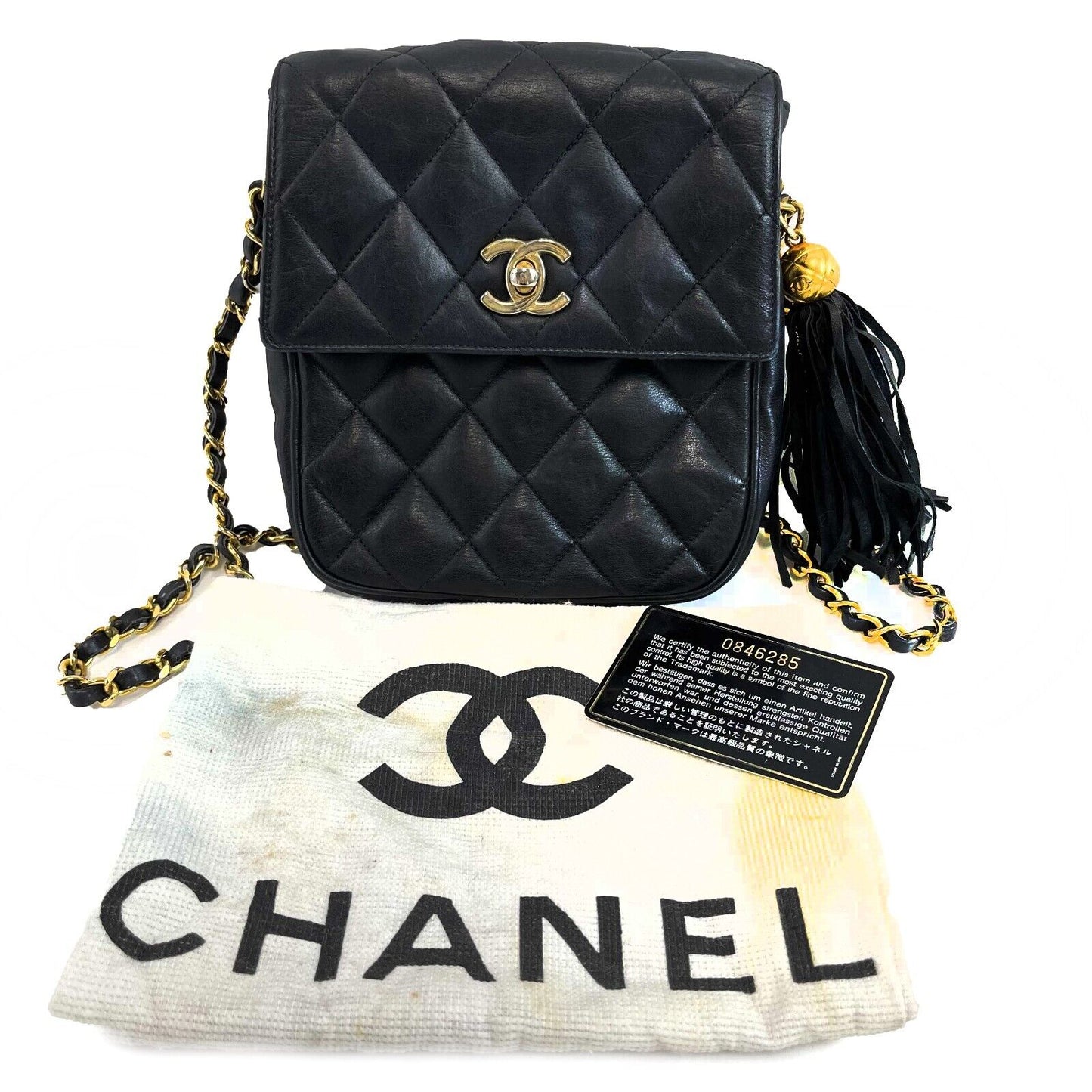 CHANEL Small Square Flap Leather Vintage Gold CC Tassel Black Crossbody Handbag