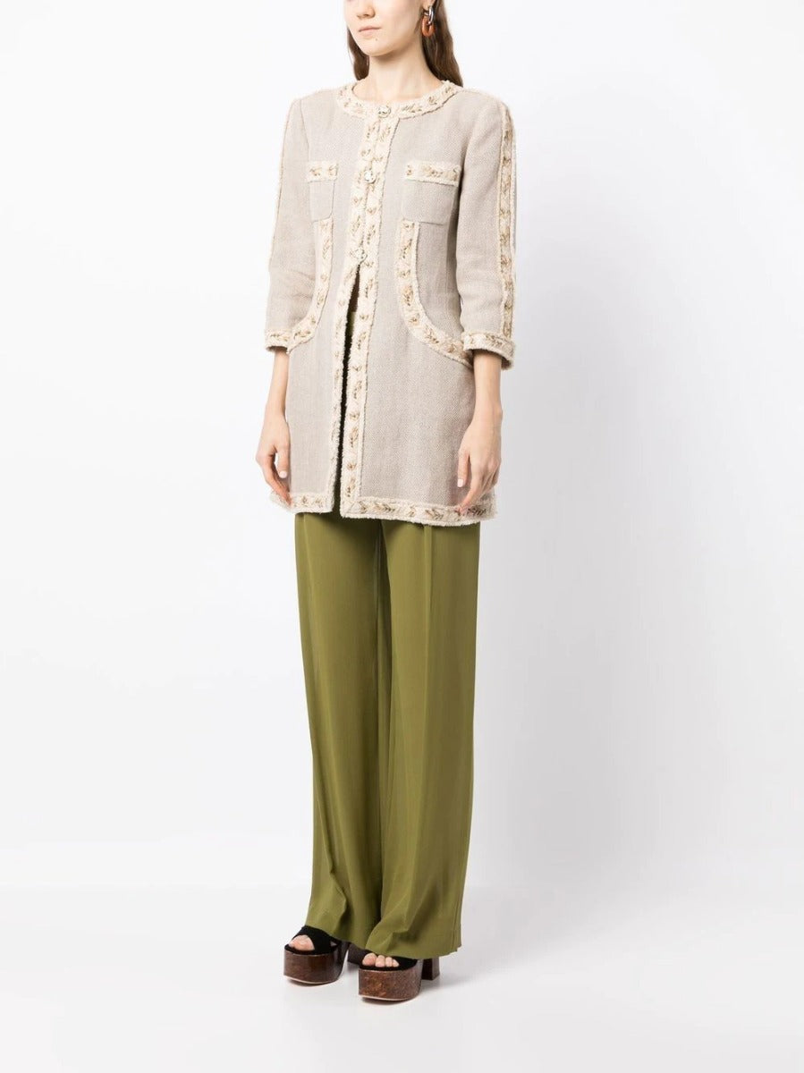 Beige Collarless Linen Coat
