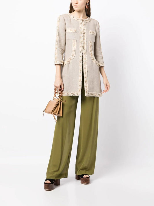 Beige Collarless Linen Coat