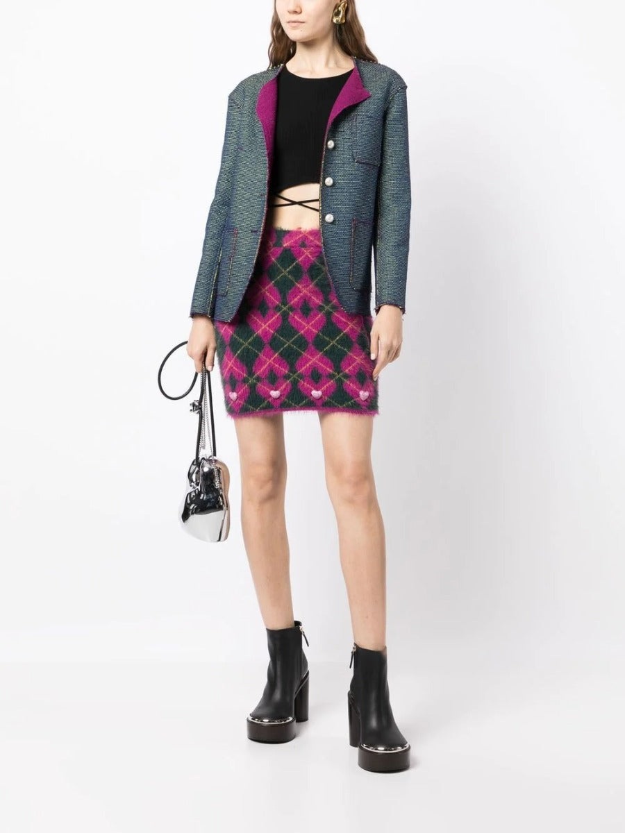 Frayed Collarless Jacquard Jacket