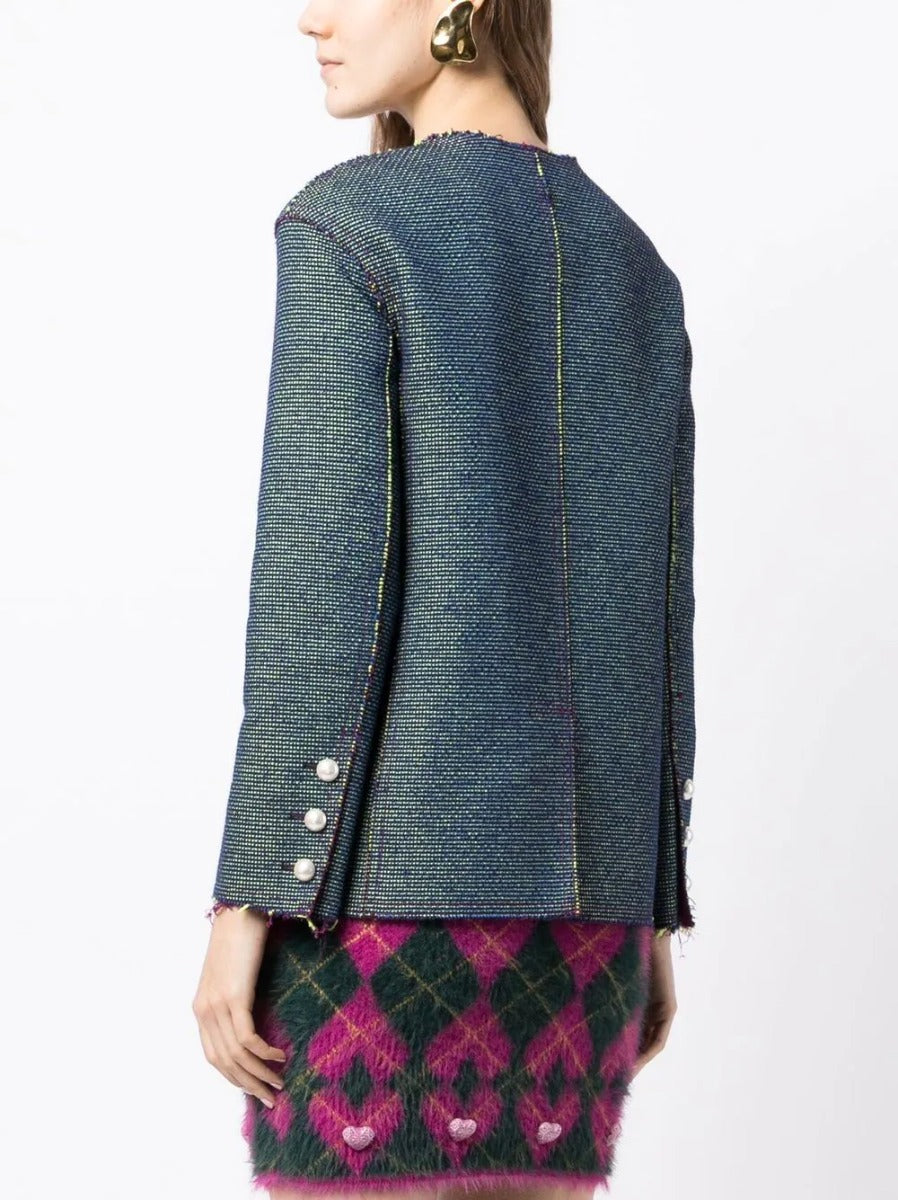 Frayed Collarless Jacquard Jacket