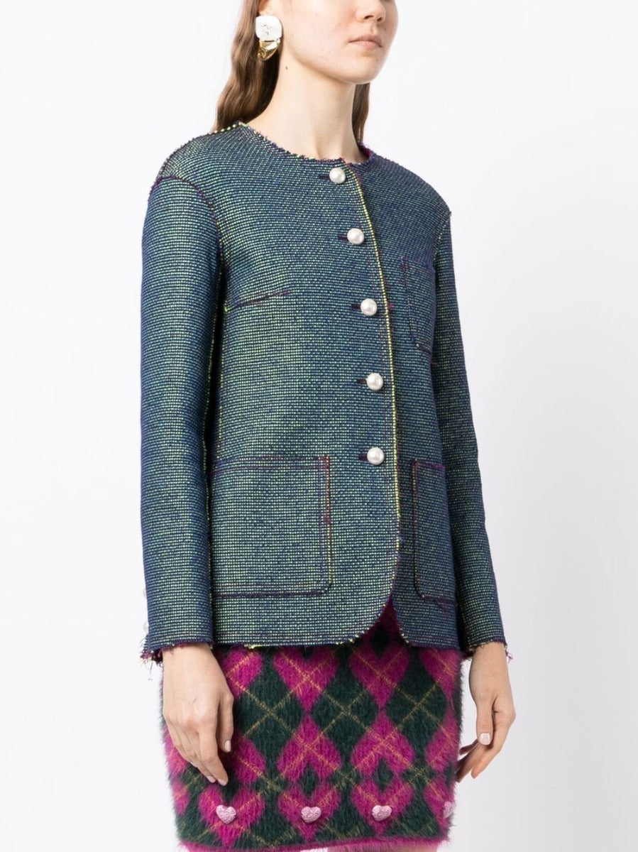 Frayed Collarless Jacquard Jacket