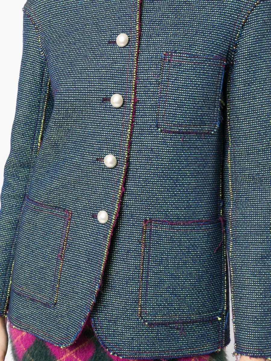 Frayed Collarless Jacquard Jacket