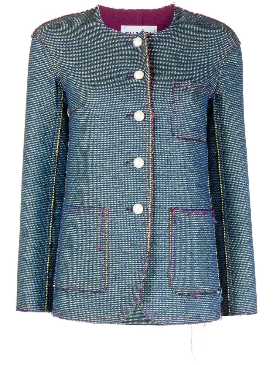 Frayed Collarless Jacquard Jacket