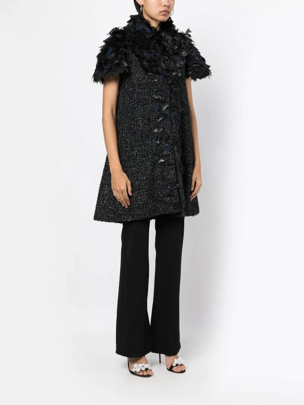 Feather-Embellished Tweed Coat